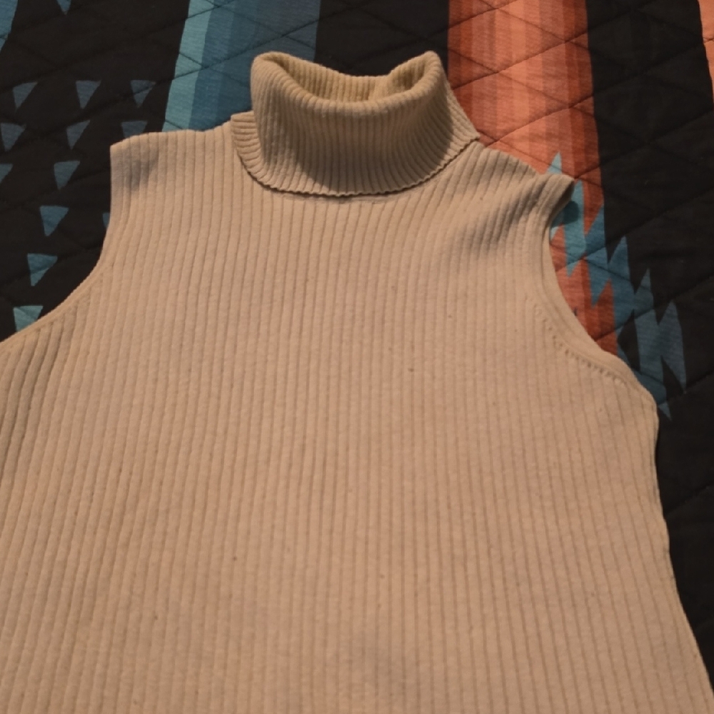 Chico's Beige Ribbed Sleeveless Turtleneck Top